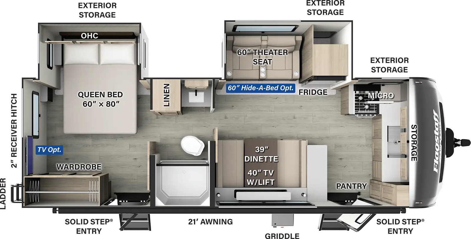 The Flagstaff Super Lite Travel Trailers  26SFK has two entries and two slide outs. Exterior features include: fiberglass exterior and 21' awning. Interiors features include: front kitchen, rear bedroom and pass through bathroom.